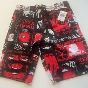 NWT Fresh Prints of Tokyo Graphic Red and Black Men's Shorts Size S 10" Inseam